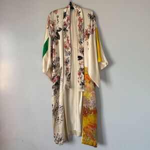 Stunning 100% Silk Ak-OK Kimono/Robe Floral Design Creme/Pink Orchid SZ L